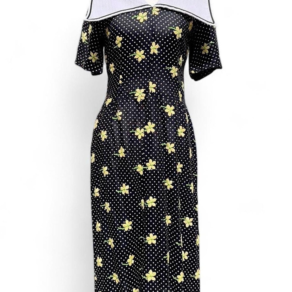 Vintage 80s Floral Embroidered Collar Sailor Dress - Picture 2 of 8